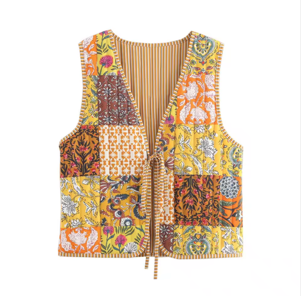 Retro Quilted Patchwork Print Vest - Autumn Shop name