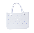 A white extra large waterproof EVA beach tote bag with a solid pattern and multiple handles.