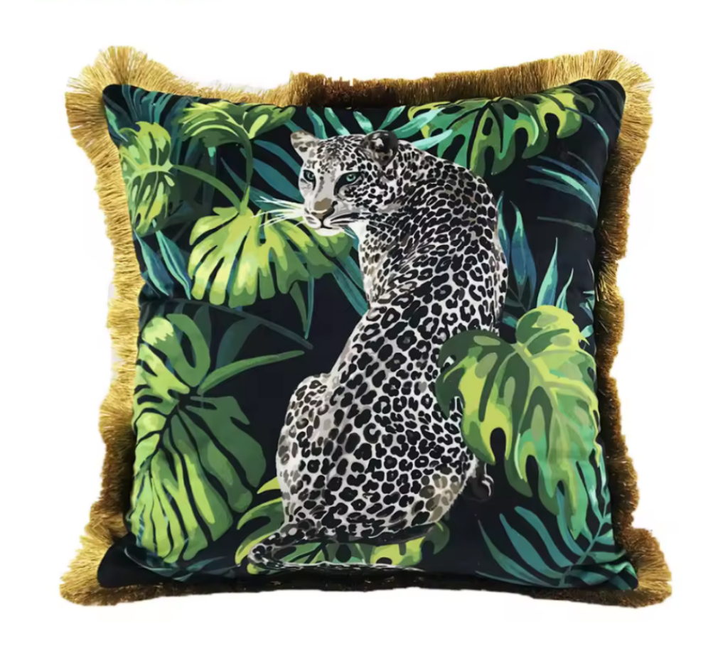 Tropical Jungle Snow Leopard Print Emerald Green Tassel Cushion Koda Store
