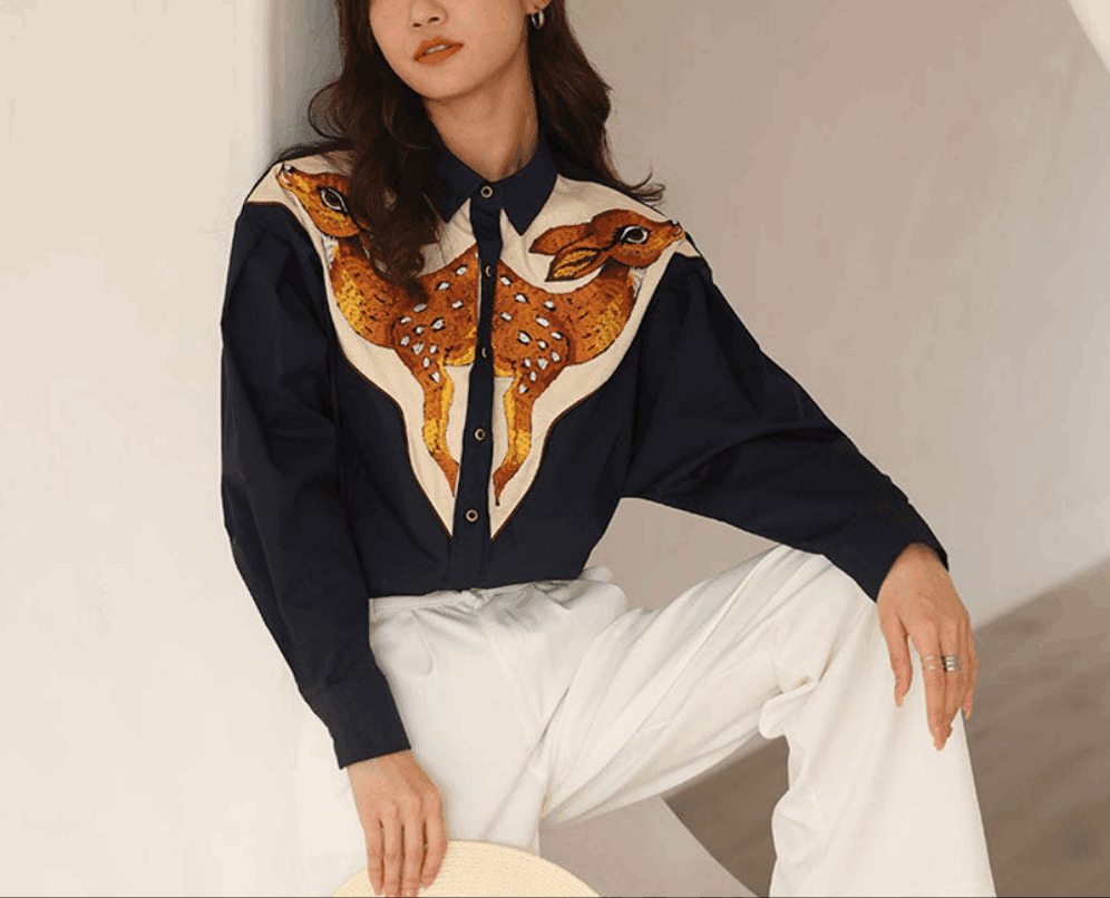Bambi Embroidered Deer Heads Button-Up Shirt - Koda Fashion & Decor - Free Shipping