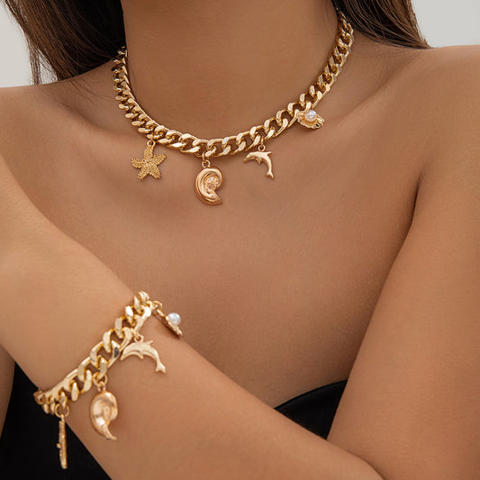 Coastal Conch Dolphin Starfish Pendant Clavicle Necklace & Bracelet - Koda Store - Free Shipping
