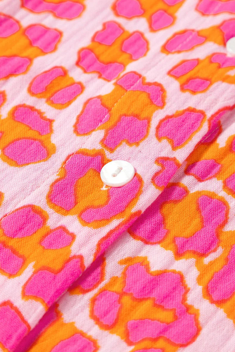 Rose Pink Button Down Leopard Print Blouse