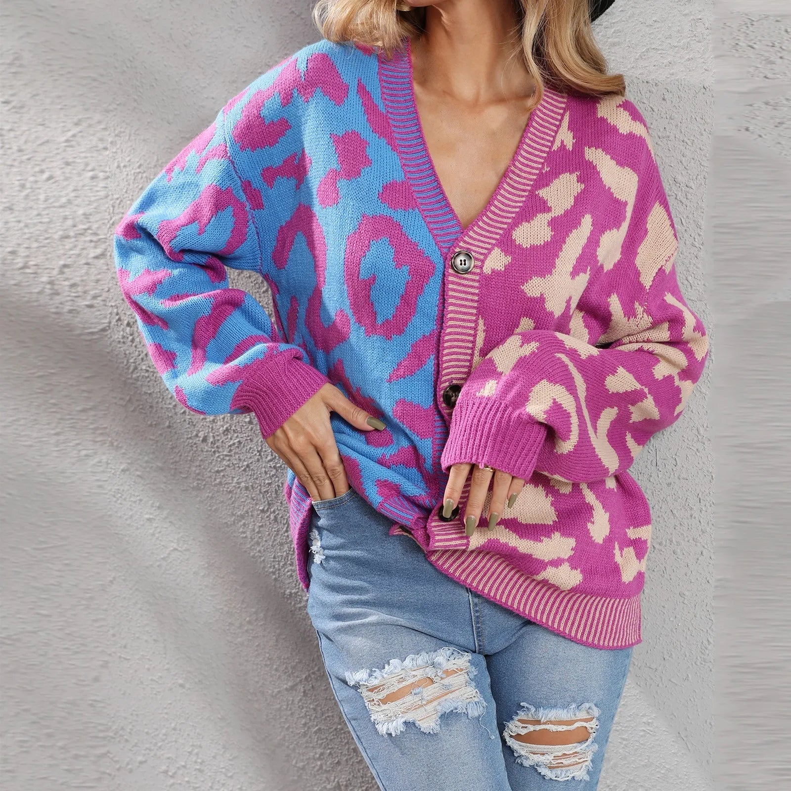 Dual Tone Leopard Print Knitted Cardigan Shop name