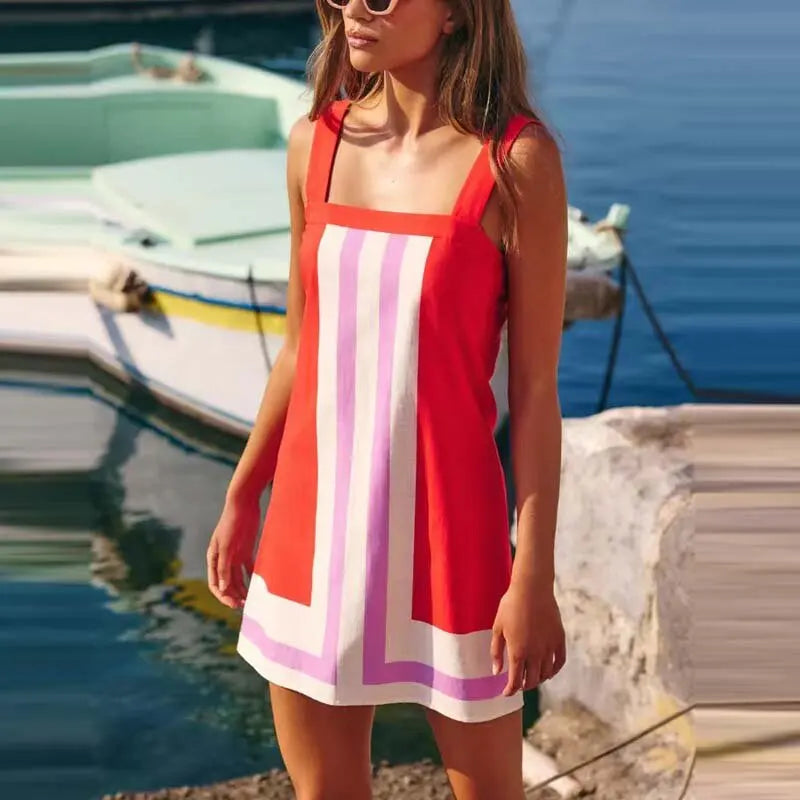 Summer Square Collar Sling Chic Match Patchwork Striped Mini Dresses 2025 Fashion Contrast Color Backless Beach Dress Women New - Koda Store - Free Shipping