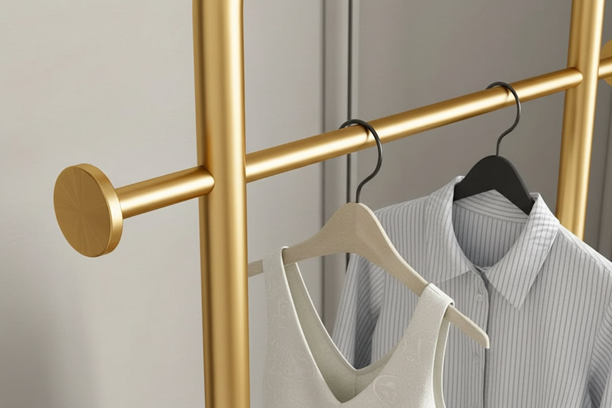 Gold clothing rack with two hangers displaying a white top and a black jacket, against a neutral background.