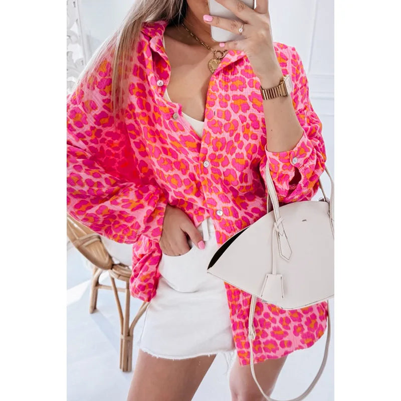 Rose Pink Button Down Leopard Print Blouse