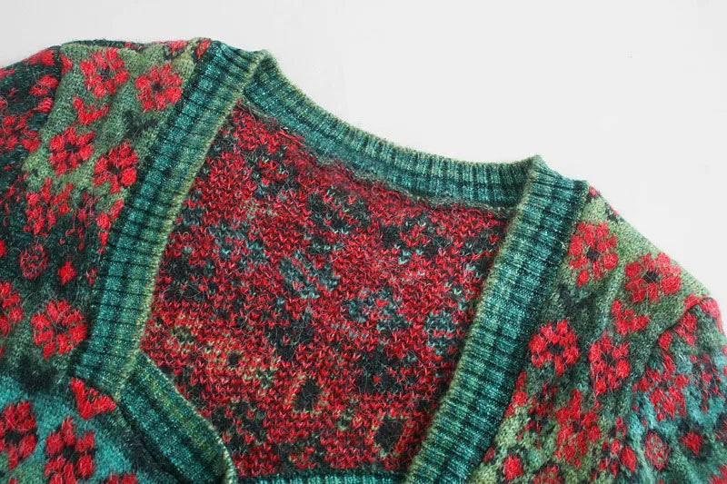 Retro Flowers Knitted Jacquard Cardigan