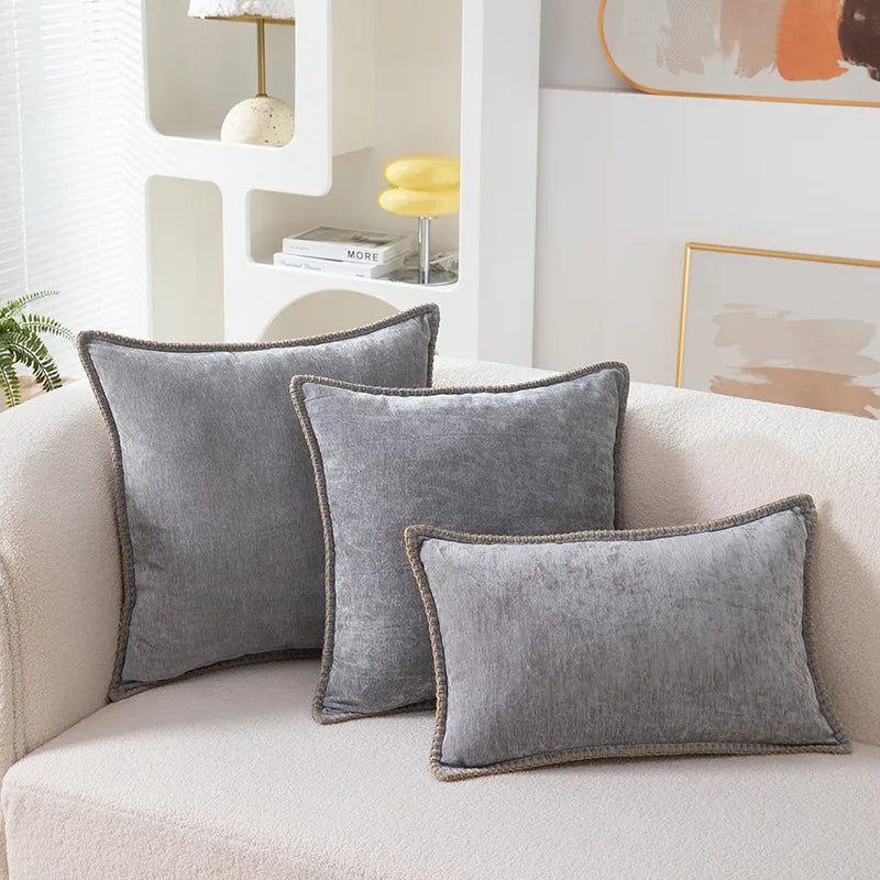 Solid Color Blue Chenille Throw Pillow Case Luxury Lumbar Pillowcase for Bed Sofa Couch Cushion Cover with Stitched Edge Home - Koda Store - Free Shipping