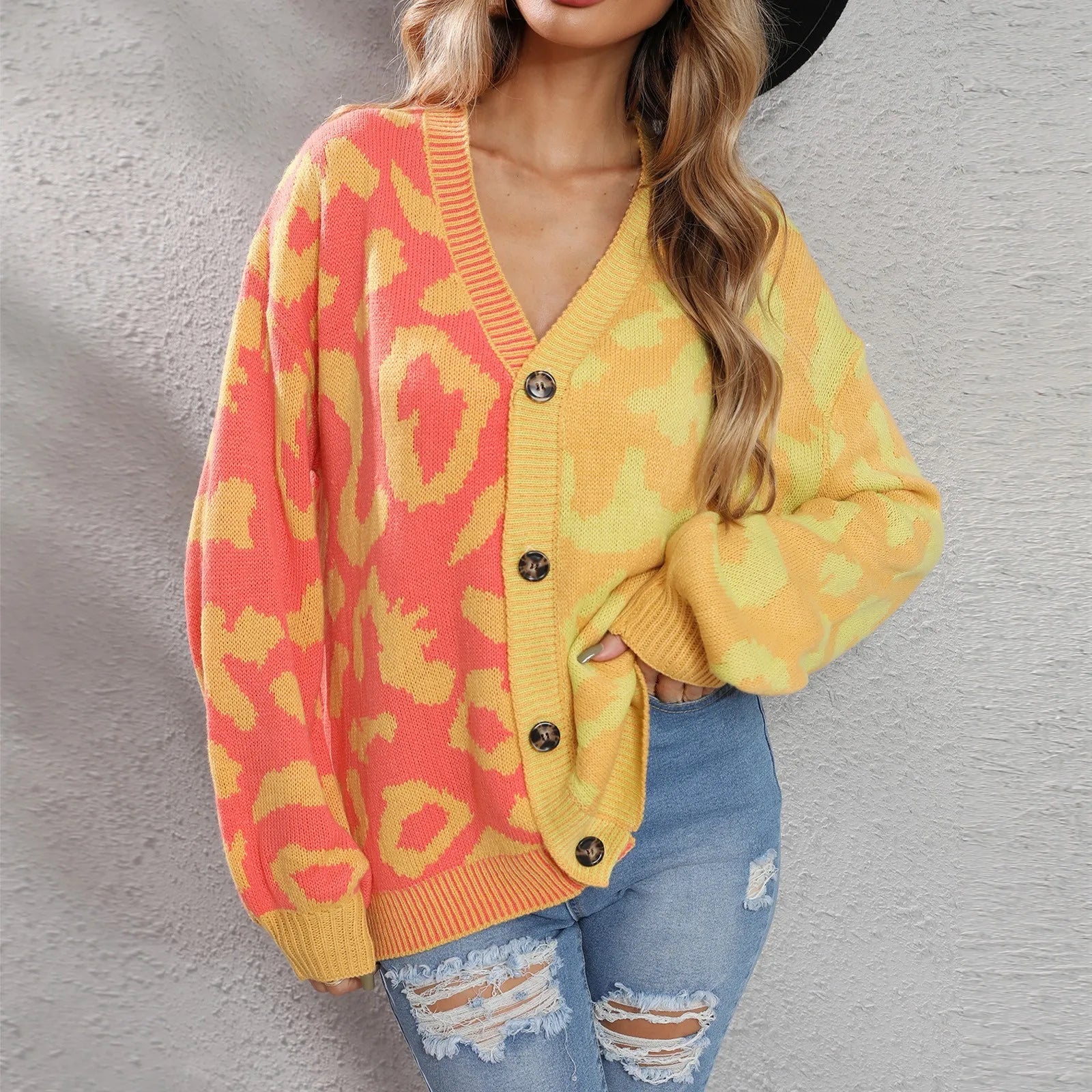 Dual Tone Leopard Print Knitted Cardigan Shop name