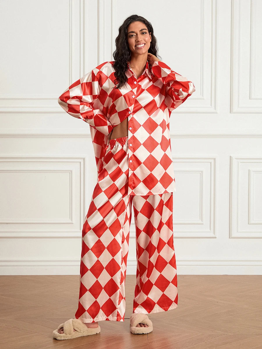 Women s Checkerboard Print Loungewear Set Long Sleeve Lapel Button Down Tops Long Pants Oversized Sleepwear - Koda Store - Free Shipping