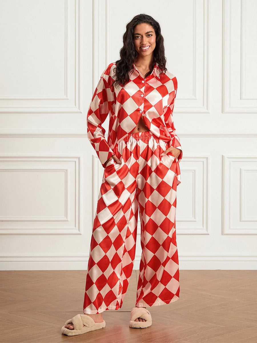 Women s Checkerboard Print Loungewear Set Long Sleeve Lapel Button Down Tops Long Pants Oversized Sleepwear - Koda Store - Free Shipping