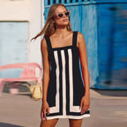 Summer Square Collar Sling Chic Match Patchwork Striped Mini Dresses 2025 Fashion Contrast Color Backless Beach Dress Women New - Koda Store - Free Shipping