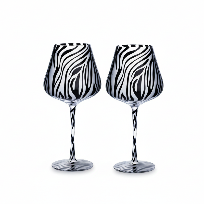 Two zebra-striped wine glasses on a white background