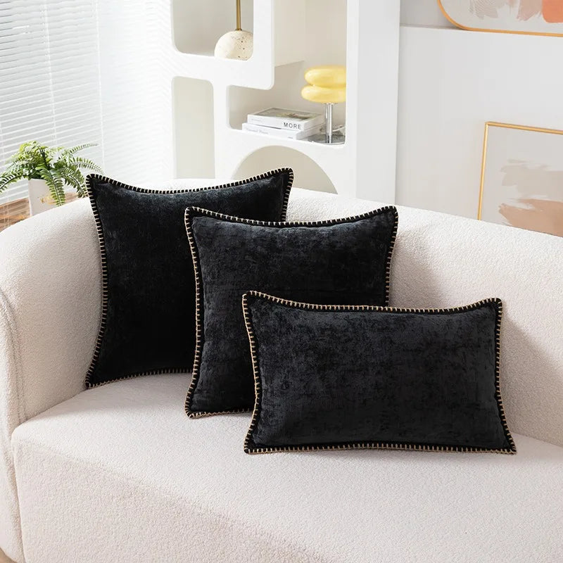 Solid Color Blue Chenille Throw Pillow Case Luxury Lumbar Pillowcase for Bed Sofa Couch Cushion Cover with Stitched Edge Home - Koda Store - Free Shipping