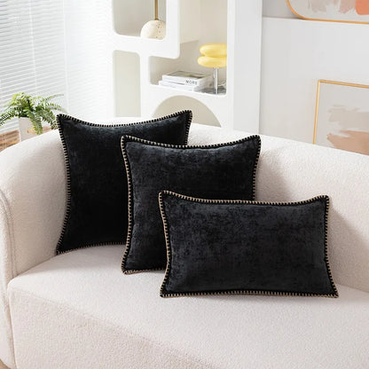 Solid Color Blue Chenille Throw Pillow Case Luxury Lumbar Pillowcase for Bed Sofa Couch Cushion Cover with Stitched Edge Home - Koda Store - Free Shipping