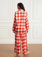 Women s Checkerboard Print Loungewear Set Long Sleeve Lapel Button Down Tops Long Pants Oversized Sleepwear - Koda Store - Free Shipping