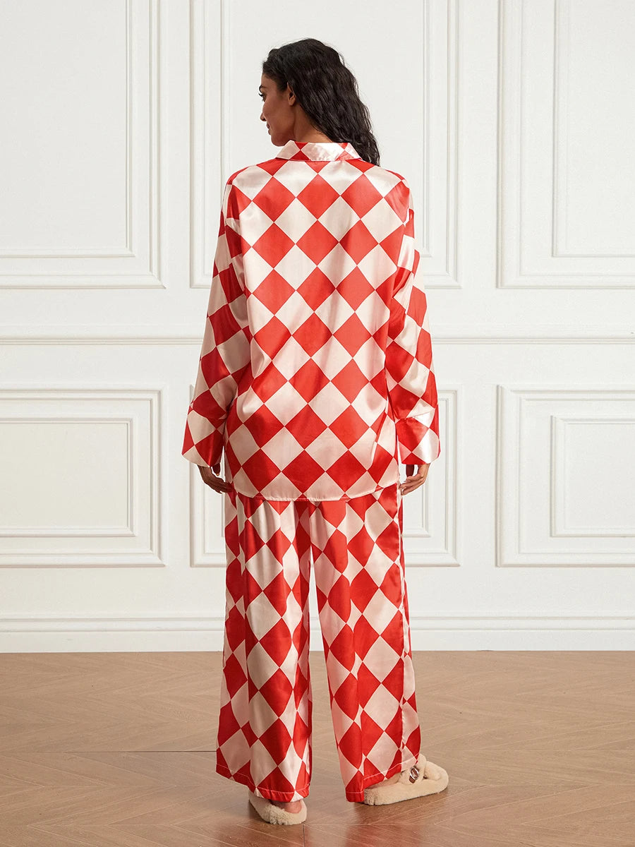 Women s Checkerboard Print Loungewear Set Long Sleeve Lapel Button Down Tops Long Pants Oversized Sleepwear - Koda Store - Free Shipping