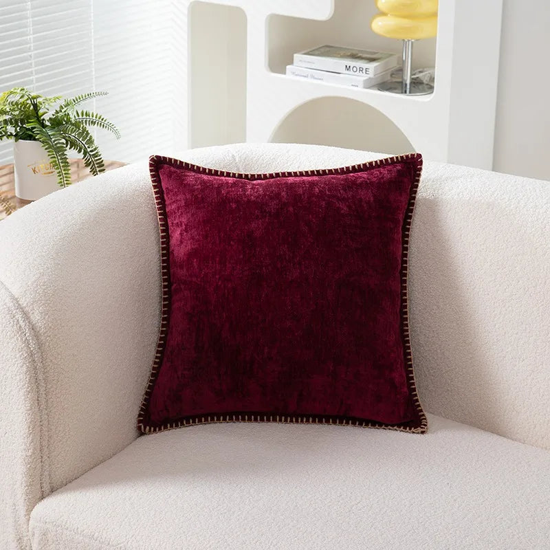 Solid Color Blue Chenille Throw Pillow Case Luxury Lumbar Pillowcase for Bed Sofa Couch Cushion Cover with Stitched Edge Home - Koda Store - Free Shipping