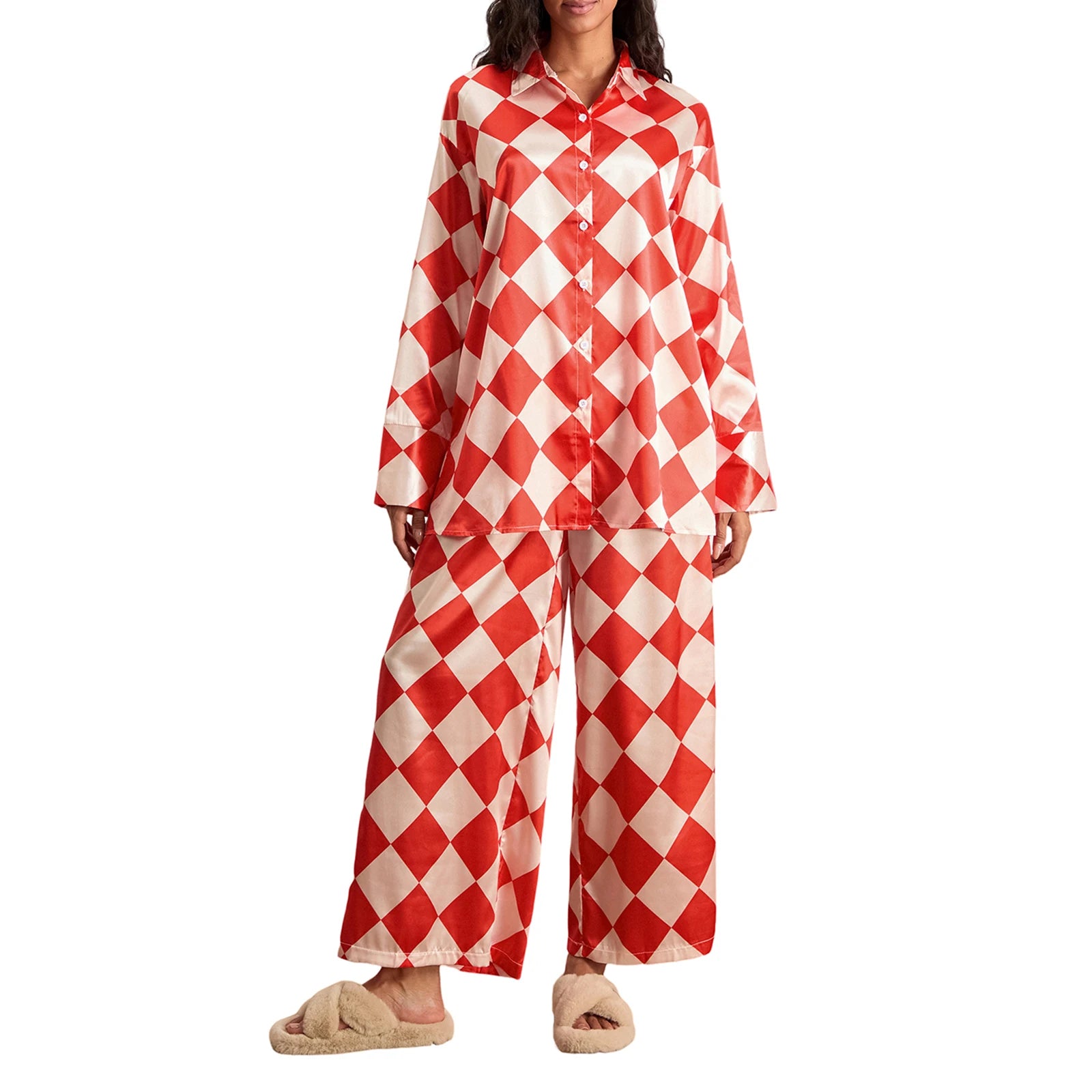 Women s Checkerboard Print Loungewear Set Long Sleeve Lapel Button Down Tops Long Pants Oversized Sleepwear - Koda Store - Free Shipping