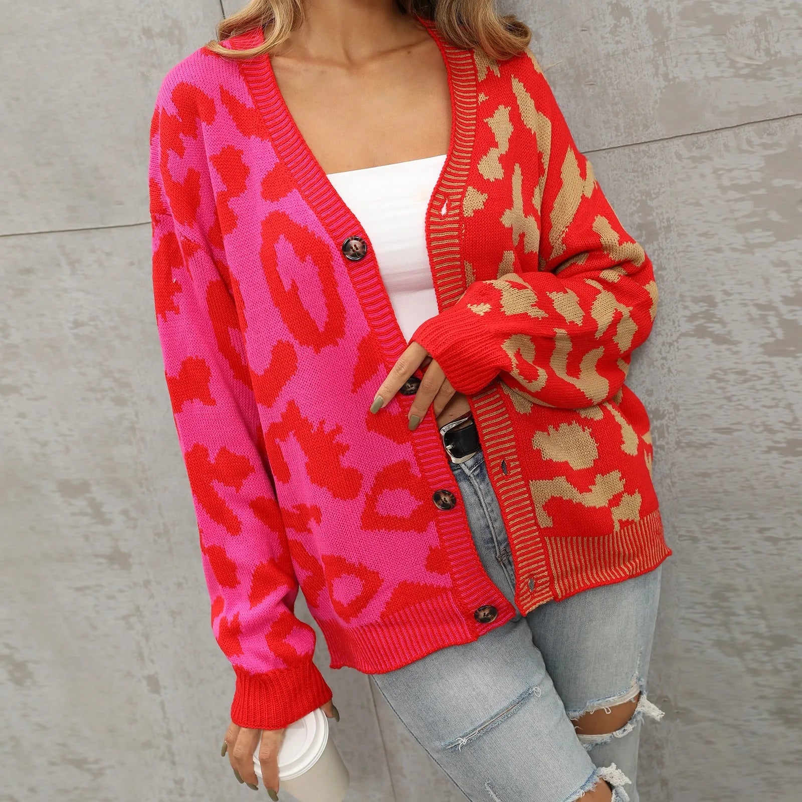 Dual Tone Leopard Print Knitted Cardigan Shop name