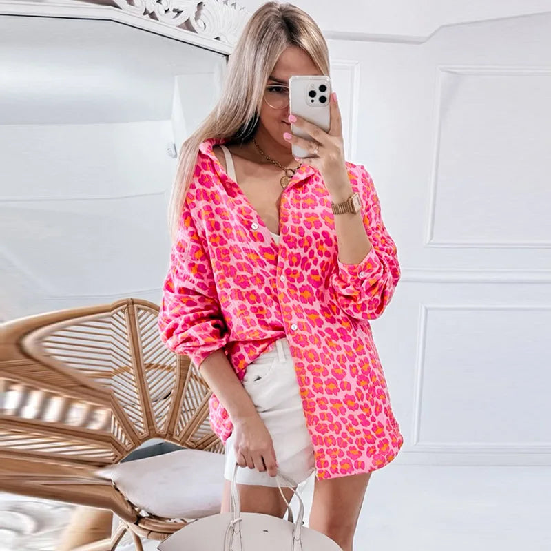 Rose Pink Button Down Leopard Print Blouse