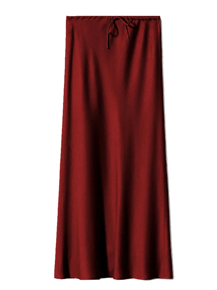 Long Black Satin Skirts Women For Work Summer Autumn Straight Brown Skirt Long Belt Coffee Formal Silk Maxi Skirt For Ladies - Koda Store - Free Shipping
