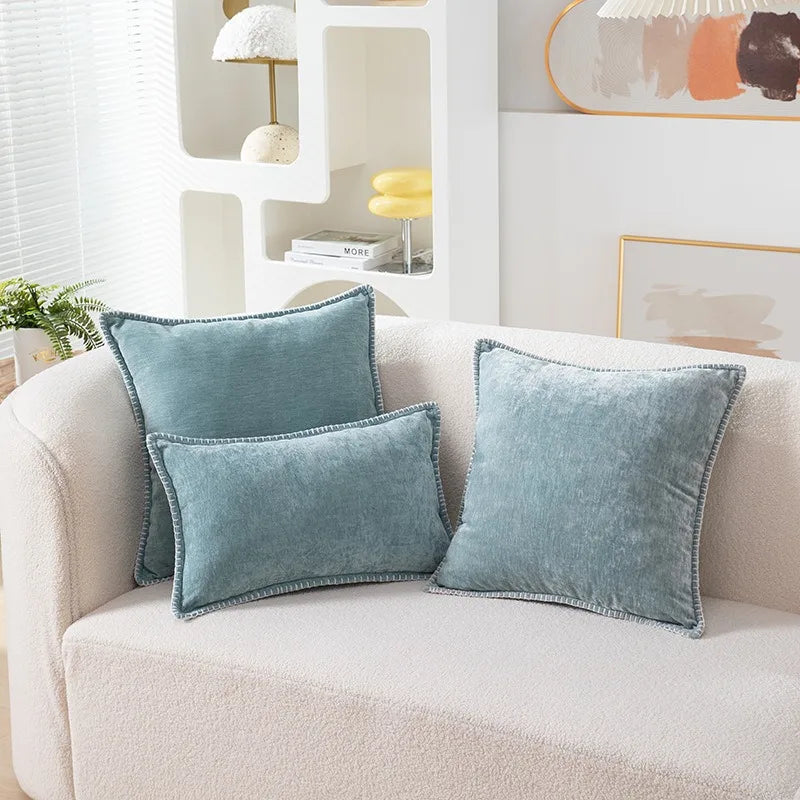 Solid Color Blue Chenille Throw Pillow Case Luxury Lumbar Pillowcase for Bed Sofa Couch Cushion Cover with Stitched Edge Home - Koda Store - Free Shipping