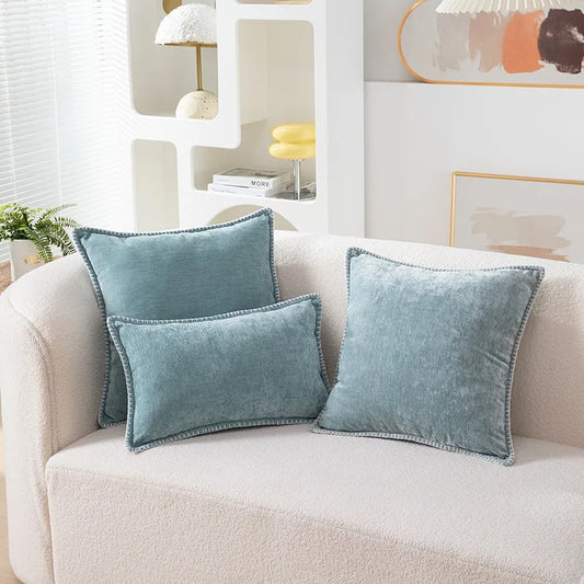 Solid Color Blue Chenille Throw Pillow Case Luxury Lumbar Pillowcase for Bed Sofa Couch Cushion Cover with Stitched Edge Home - Koda Store - Free Shipping