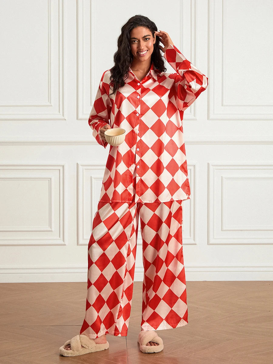 Women s Checkerboard Print Loungewear Set Long Sleeve Lapel Button Down Tops Long Pants Oversized Sleepwear - Koda Store - Free Shipping