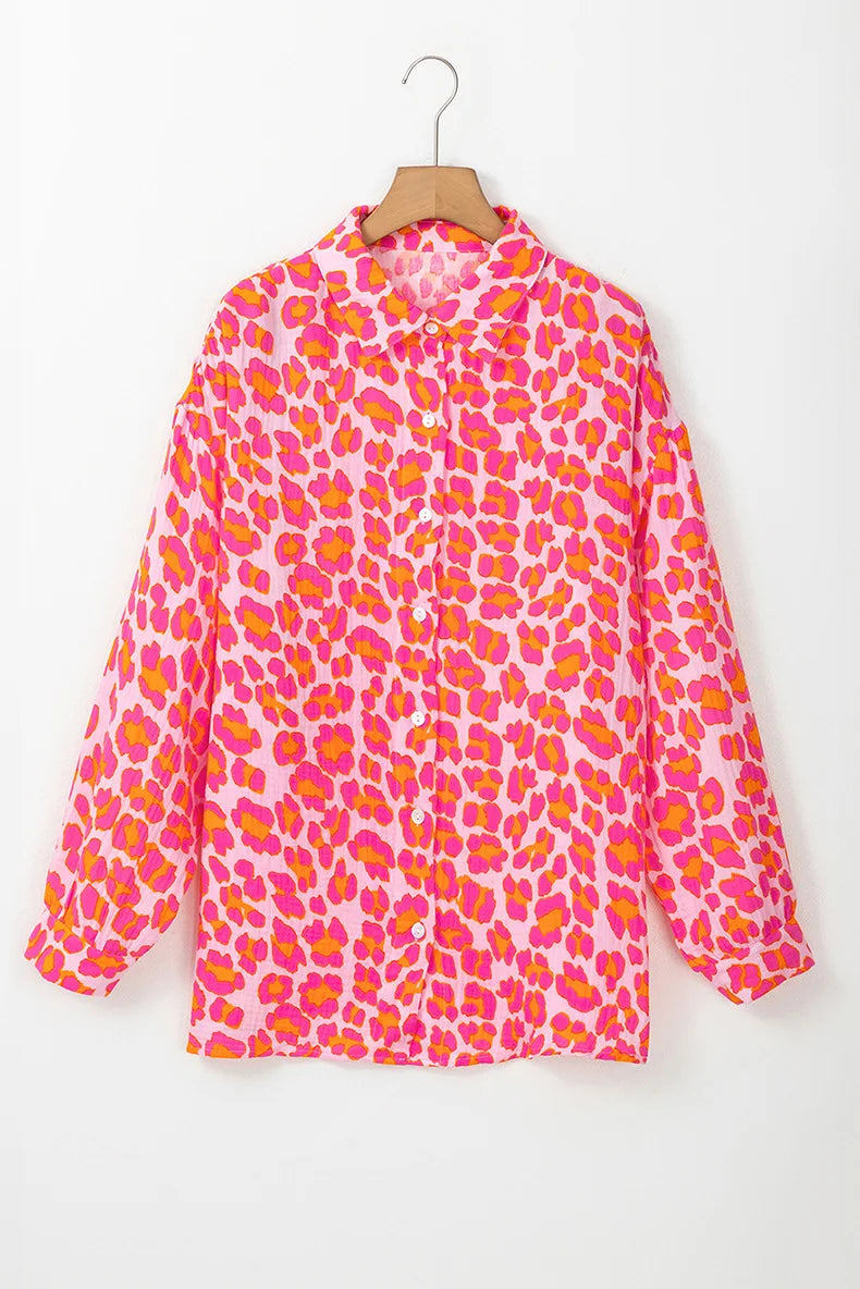 Rose Pink Button Down Leopard Print Blouse