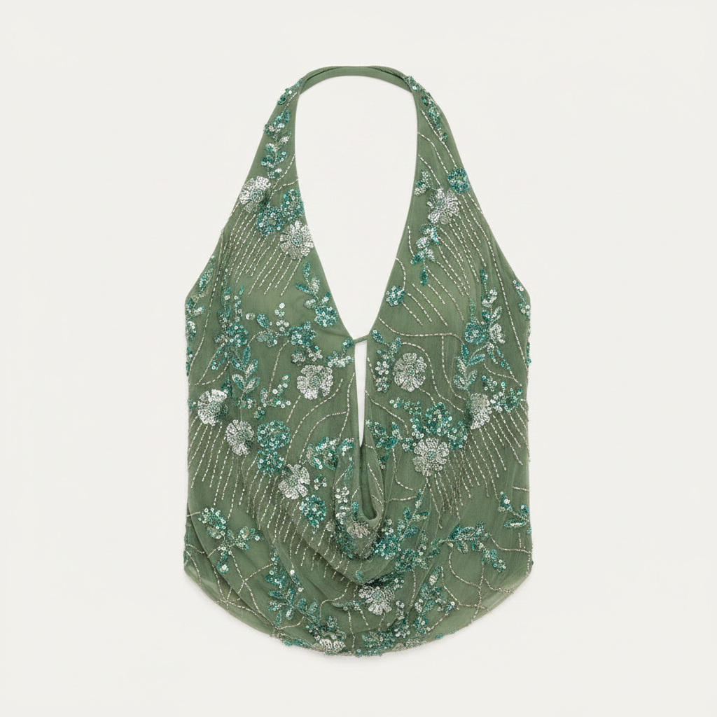Green floral patterned top on a white background