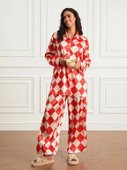 Women s Checkerboard Print Loungewear Set Long Sleeve Lapel Button Down Tops Long Pants Oversized Sleepwear - Koda Store - Free Shipping