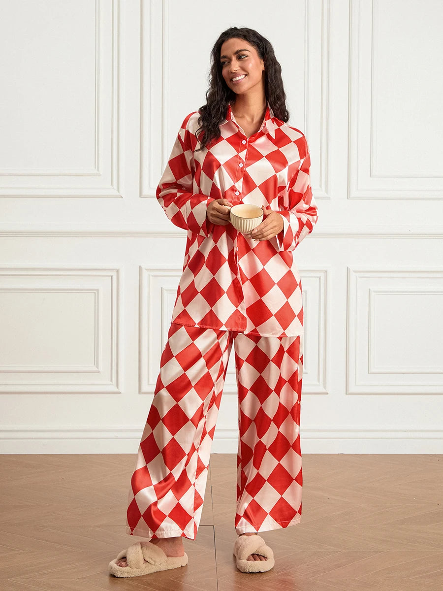Women s Checkerboard Print Loungewear Set Long Sleeve Lapel Button Down Tops Long Pants Oversized Sleepwear - Koda Store - Free Shipping