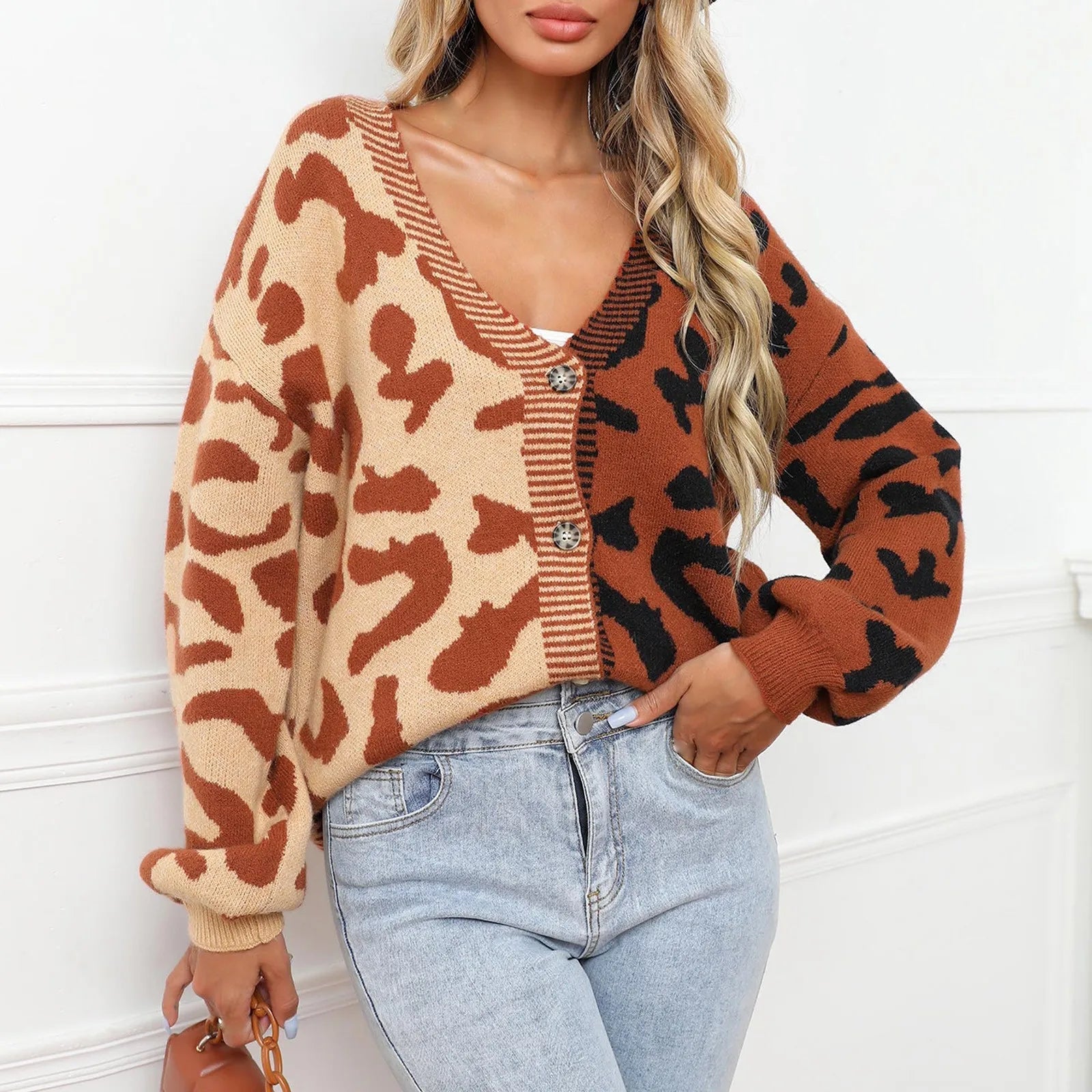 Dual Tone Leopard Print Knitted Cardigan Shop name