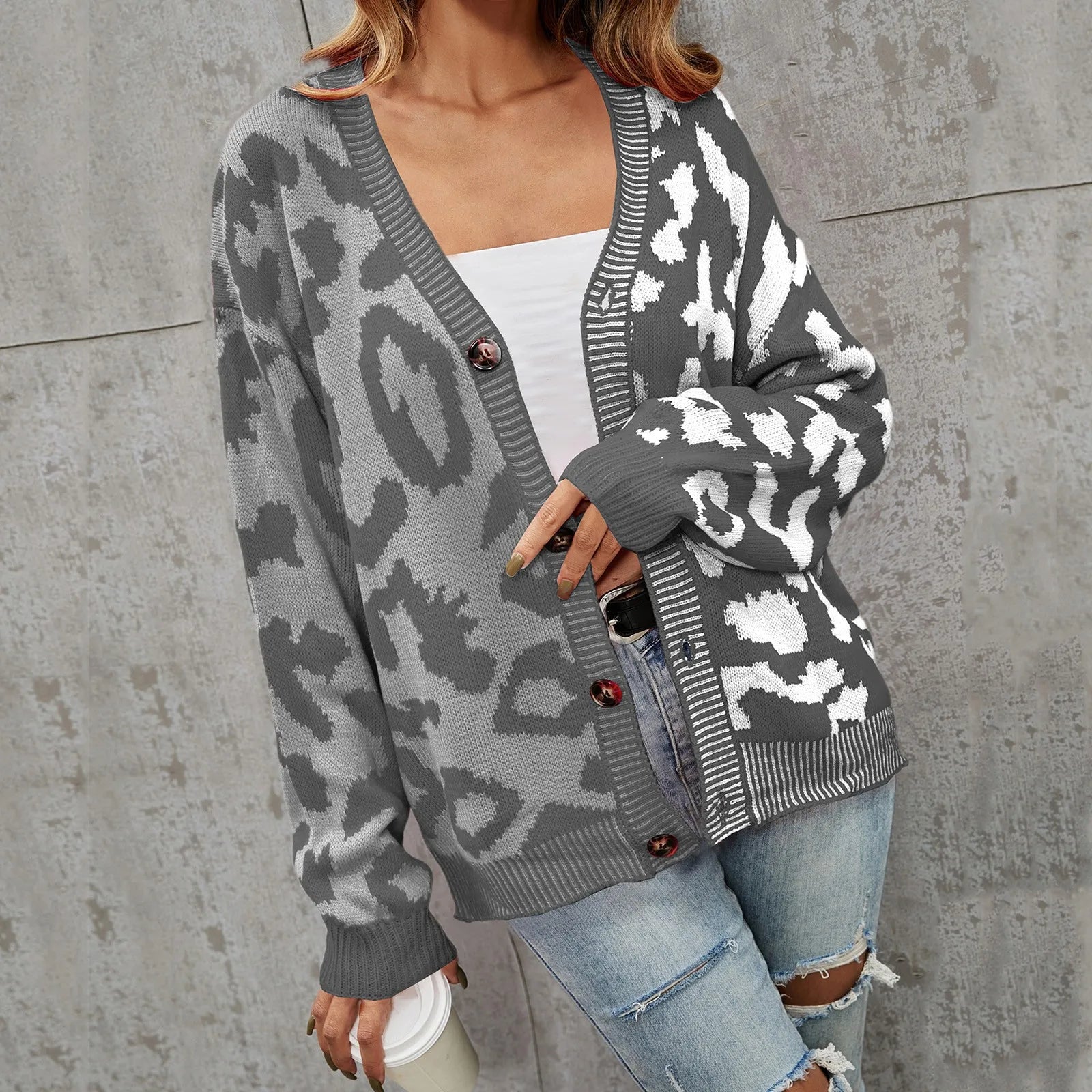 Dual Tone Leopard Print Knitted Cardigan Shop name