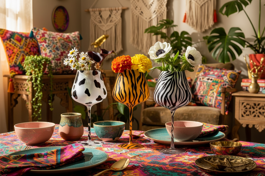 Three wine glasses with animal print designs on a white platform.