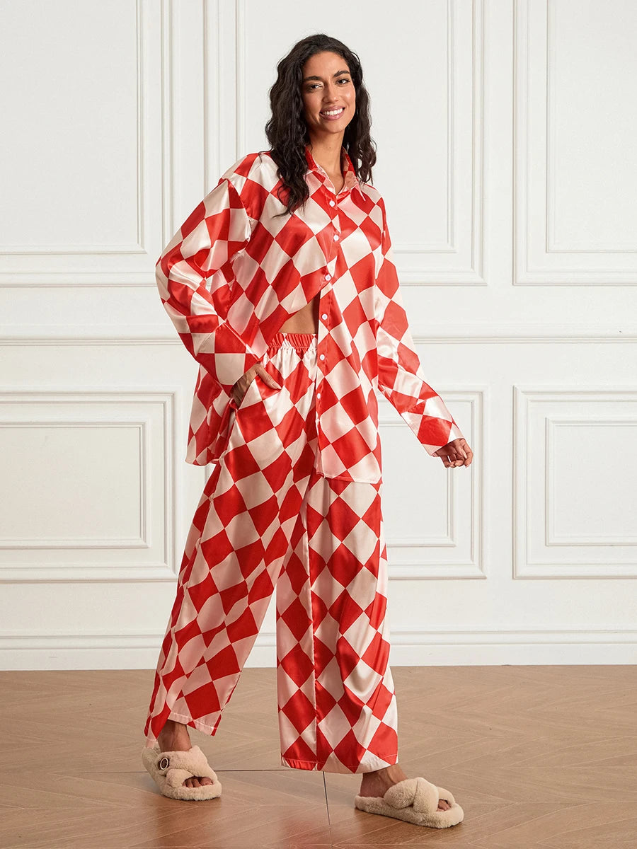 Women s Checkerboard Print Loungewear Set Long Sleeve Lapel Button Down Tops Long Pants Oversized Sleepwear - Koda Store - Free Shipping