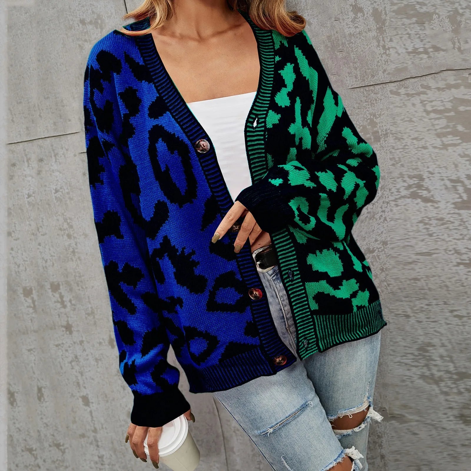 Dual Tone Leopard Print Knitted Cardigan Shop name