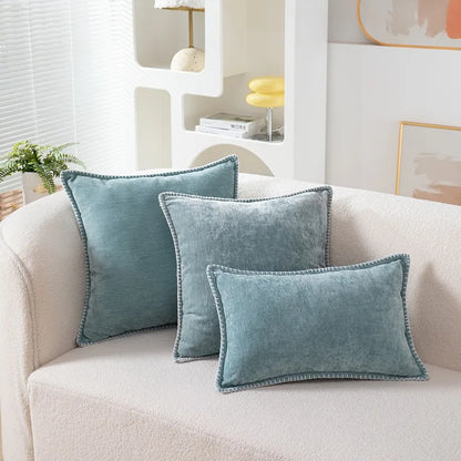 Solid Color Blue Chenille Throw Pillow Case Luxury Lumbar Pillowcase for Bed Sofa Couch Cushion Cover with Stitched Edge Home - Koda Store - Free Shipping