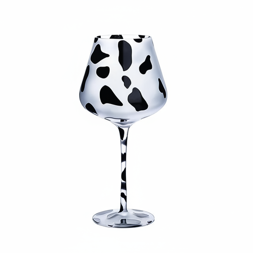 Wine glass with cow print design and measurements on a white background
