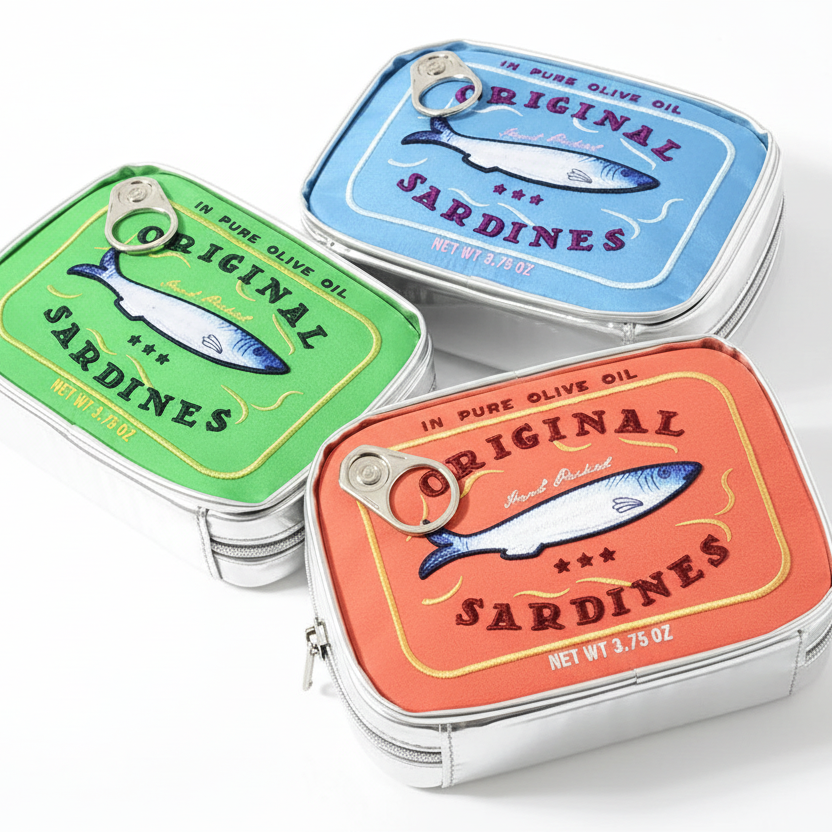 Three miniature sardine tin novelty makeup bag with colorful lids on a white background