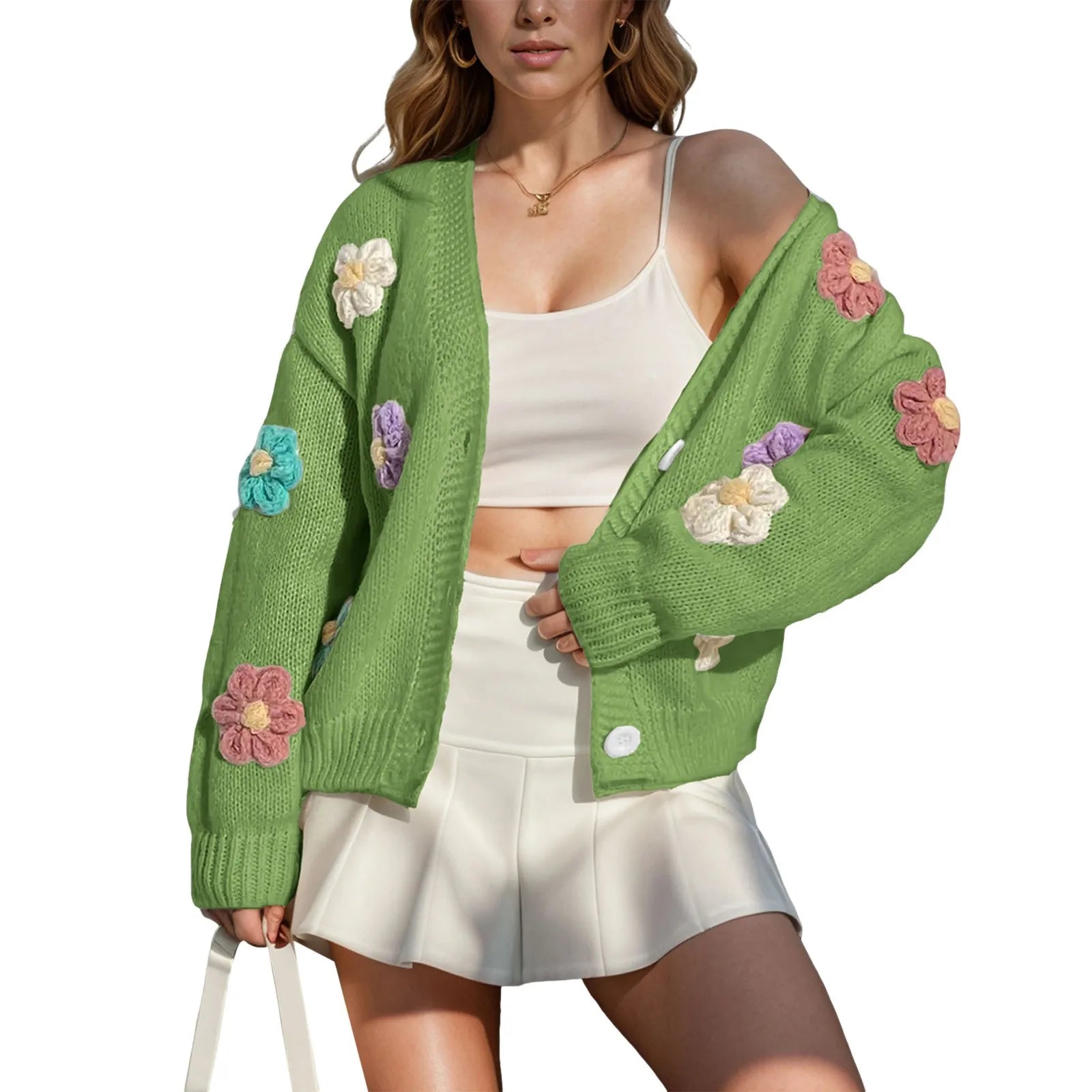 Knitted Flower Button-Down Cardigan