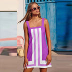 Summer Square Collar Sling Chic Match Patchwork Striped Mini Dresses 2025 Fashion Contrast Color Backless Beach Dress Women New - Koda Store - Free Shipping