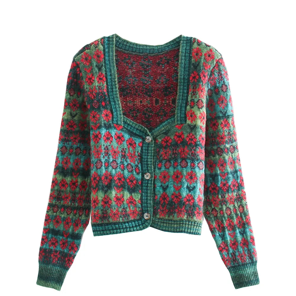 Retro Flowers Knitted Jacquard Cardigan