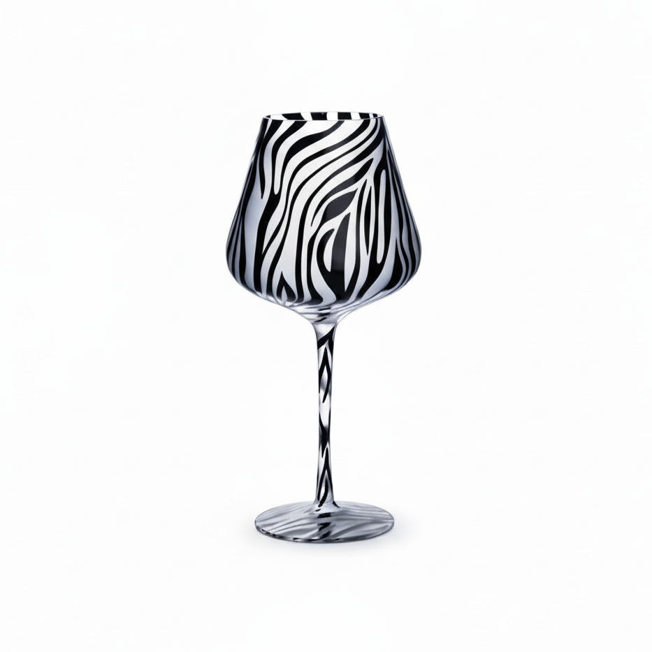 Wine glass with zebra pattern on a white background