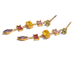 Gold earrings with multicolored gemstones on a white background