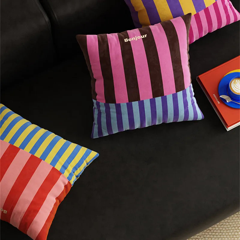 Striped Statement Square Velvet Cushion Cover