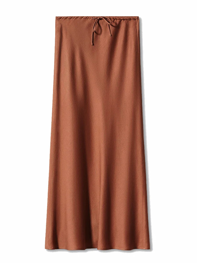 Long Black Satin Skirts Women For Work Summer Autumn Straight Brown Skirt Long Belt Coffee Formal Silk Maxi Skirt For Ladies - Koda Store - Free Shipping