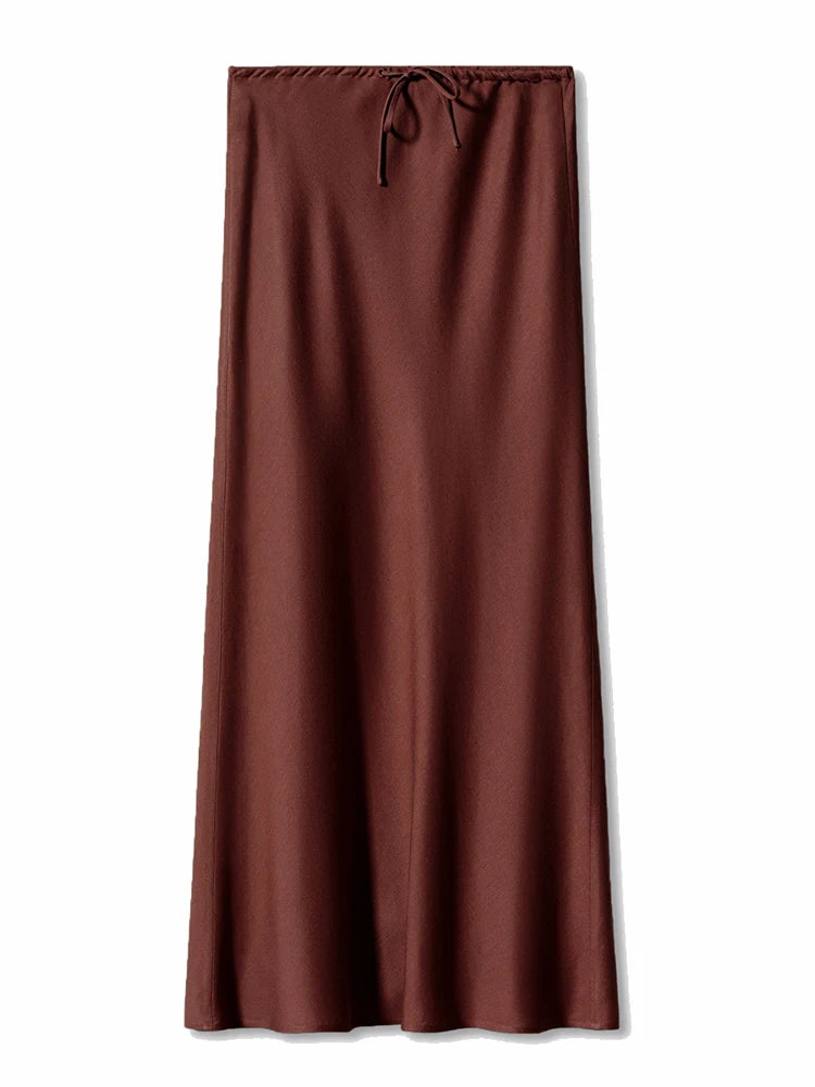 Long Black Satin Skirts Women For Work Summer Autumn Straight Brown Skirt Long Belt Coffee Formal Silk Maxi Skirt For Ladies - Koda Store - Free Shipping