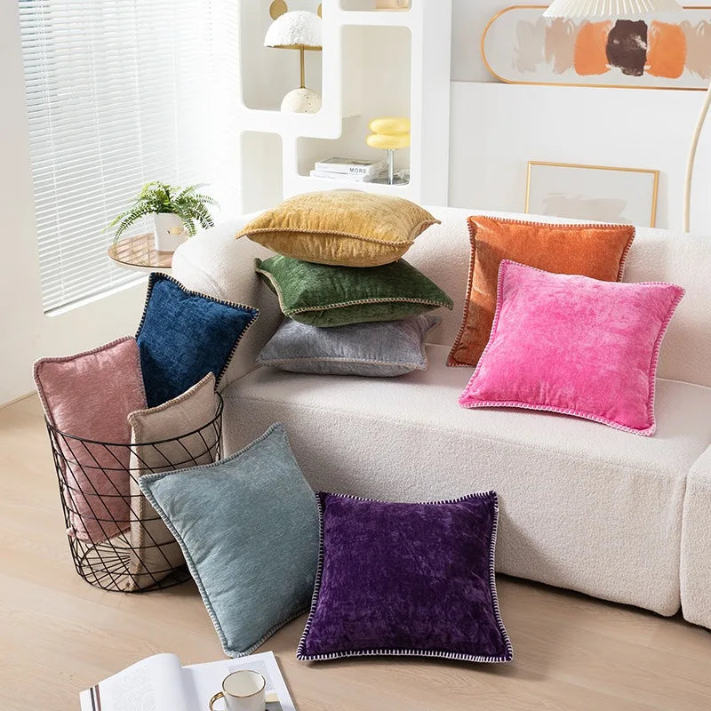Solid Color Blue Chenille Throw Pillow Case Luxury Lumbar Pillowcase for Bed Sofa Couch Cushion Cover with Stitched Edge Home - Koda Store - Free Shipping